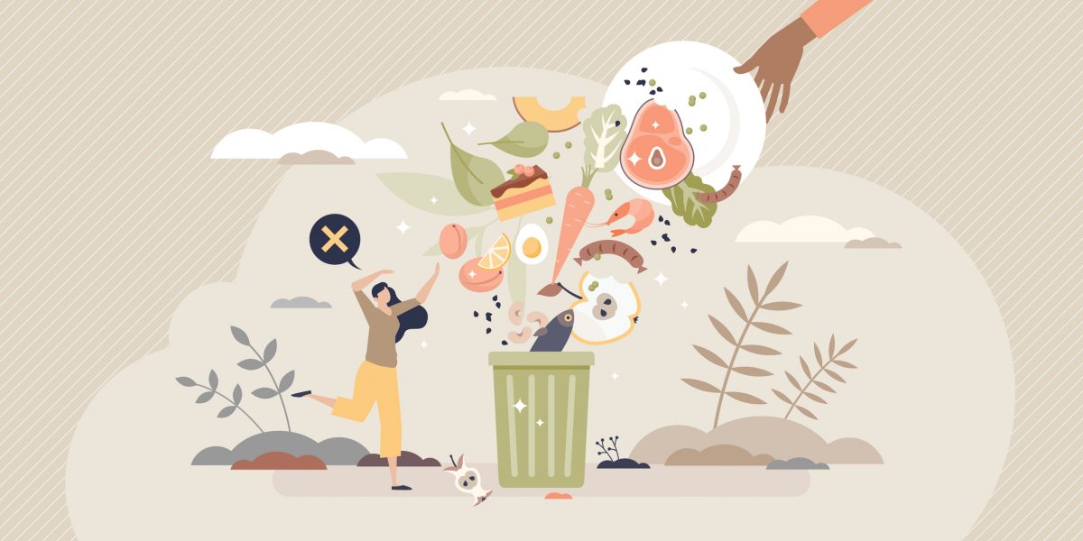 Food waste and meal leftovers garbage reduce awareness tiny person concept